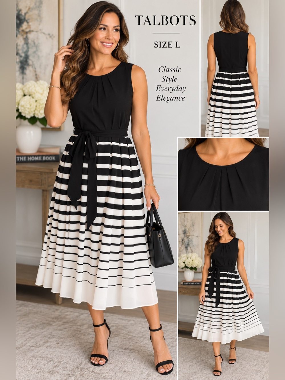 Talbots Black Ivory Striped Fit & Flare Dress Pleated Neckline Size L Classic
